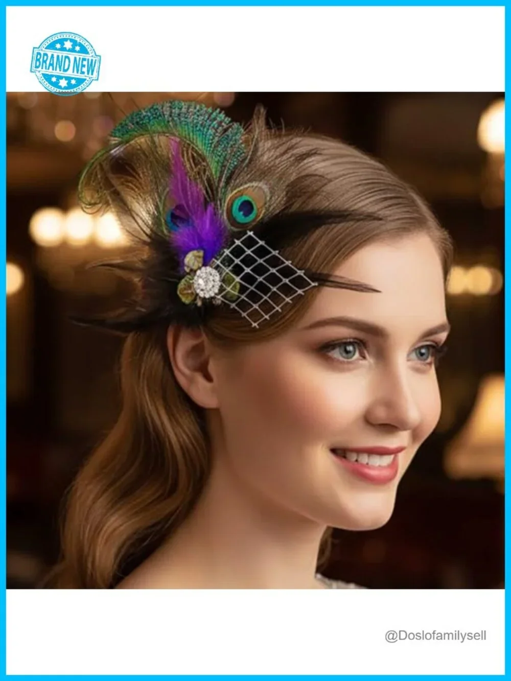 Peacock Feather Hair Clip 1920s Fascinator with Rhinestone Flapper Prom Hair